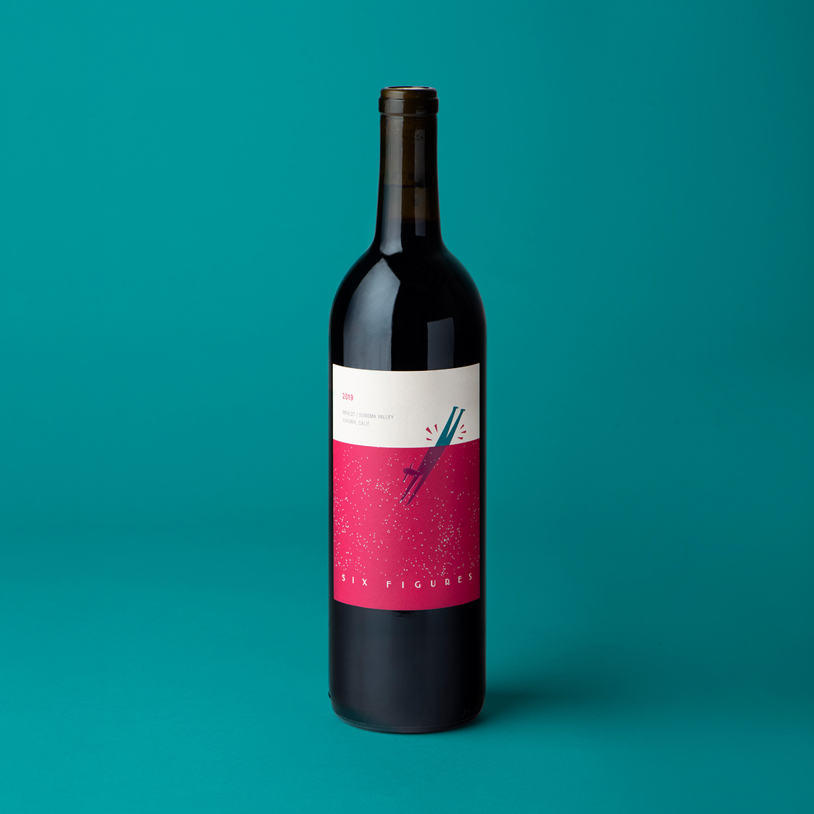 A bottle of Six Figures 2019 Merlot wine.